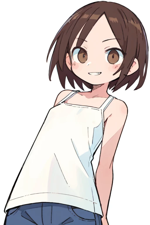 (masterpiece, high quality,:1.4), BREAK,
1girl, brown eyes, brown hair, short hair, parted bangs, flat chest, slender, crew cut, shaved sides, <lora:hair-bangsstyle_07-16:1>,
white (camisole:1.2), sleeveless, white panties, 
standing, arms behind back, evil grin, blush stickers, 
cowboy shot,
(simple white background:1.2),