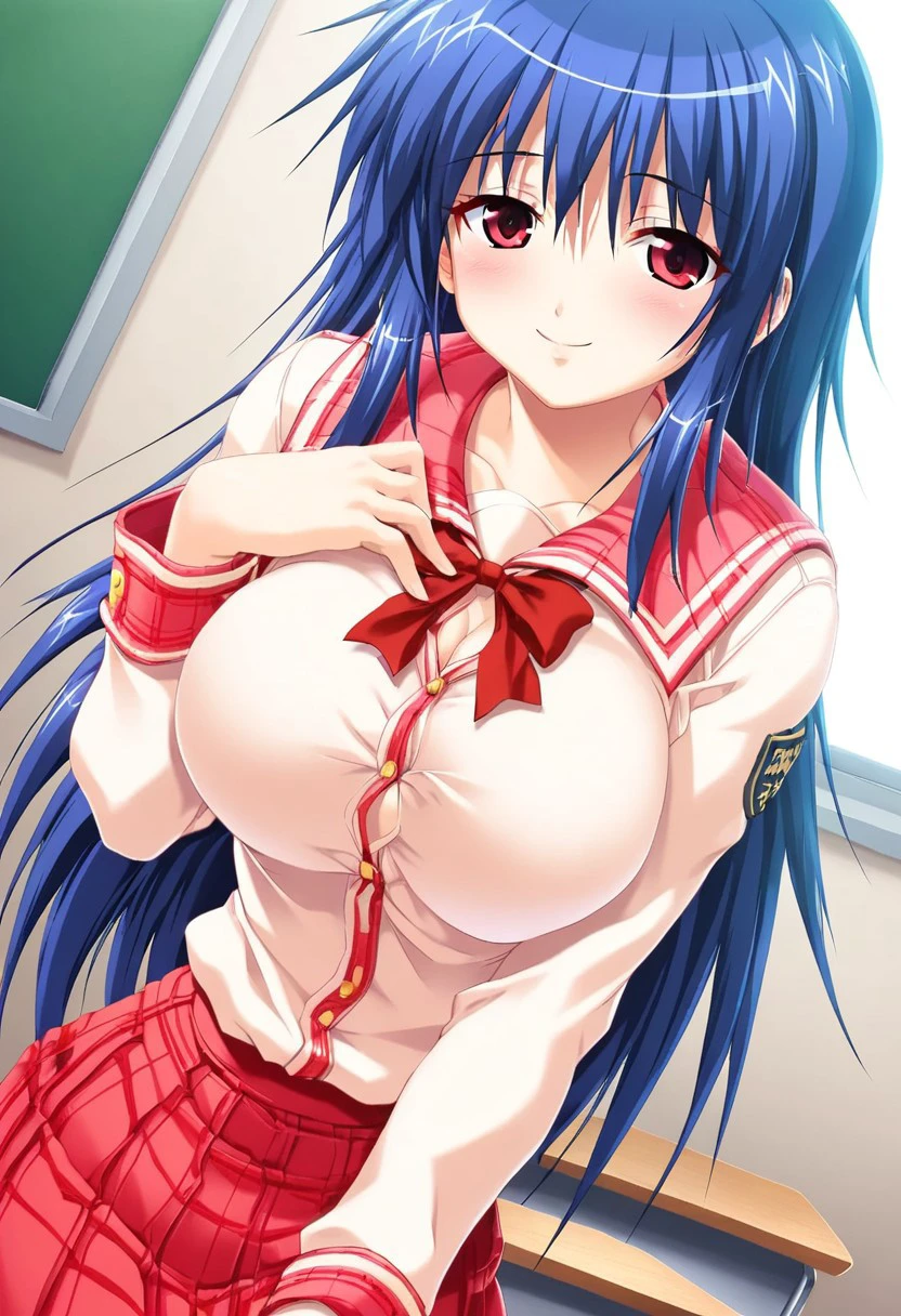 score_9, score_8_up, score_7_up, game_cg, best background, detailed background, long hair, garnet eyes, blue hair, red bow, red blouse, long sleeves, red uniform vest, school uniform, huge breasts, smile, shy expression, faint blush, large breasts, looking at viewer, dynamic camera, hands, classroom background, dynamic camera, dutch angle, hand on chest,