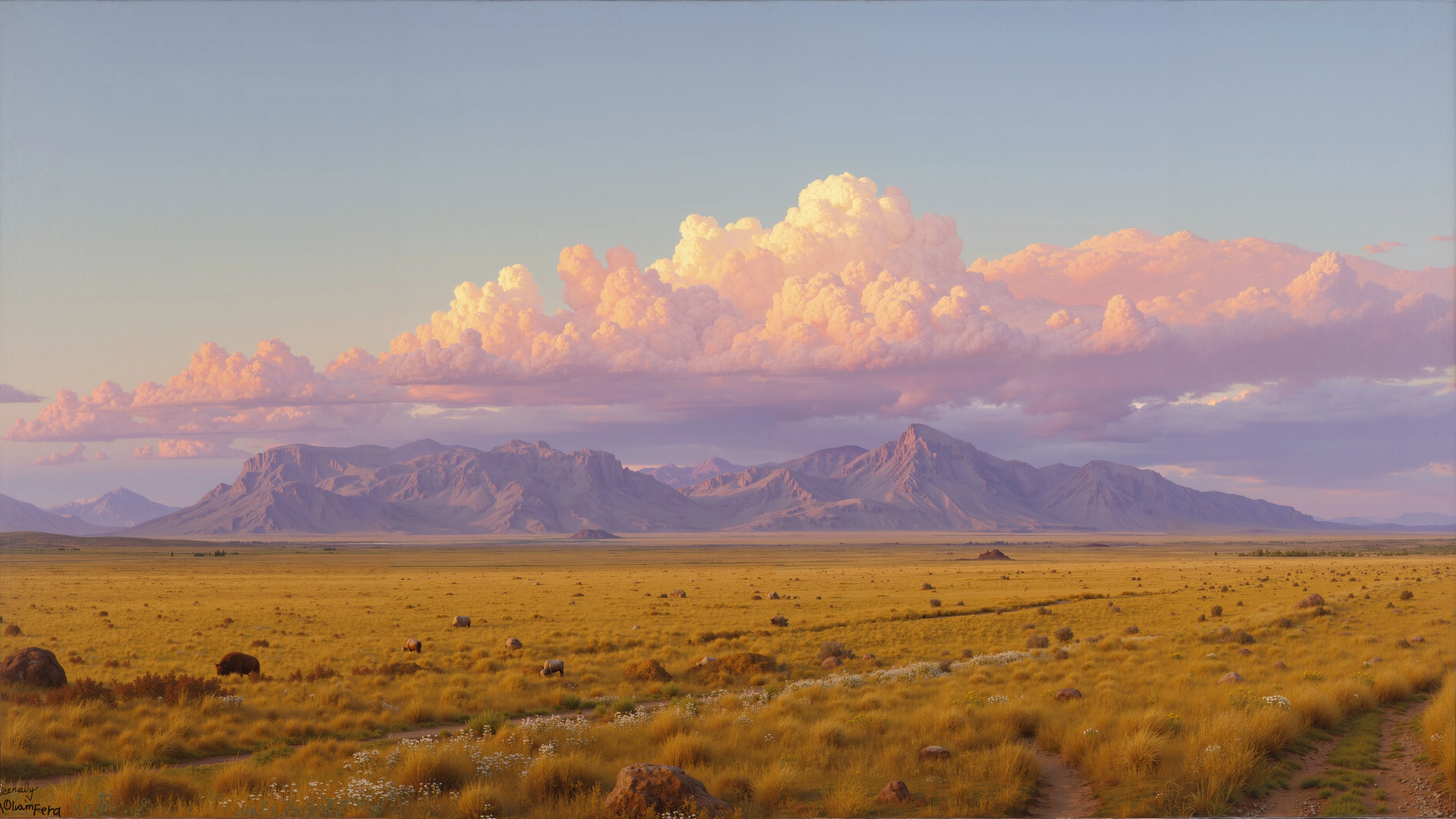 A panoramic view of the prairies of the American West, with endless fields stretching into the distance, rendered in the style of Albert Bierstadt. The fields are covered with golden grasses and wildflowers that are detailed to the finest detail. On the horizon are majestic mountain ranges under a light haze, illuminated by the warm evening light. The clouds above the mountains are colored in the pink and purple hues of sunset, creating an atmosphere of tranquility and immensity