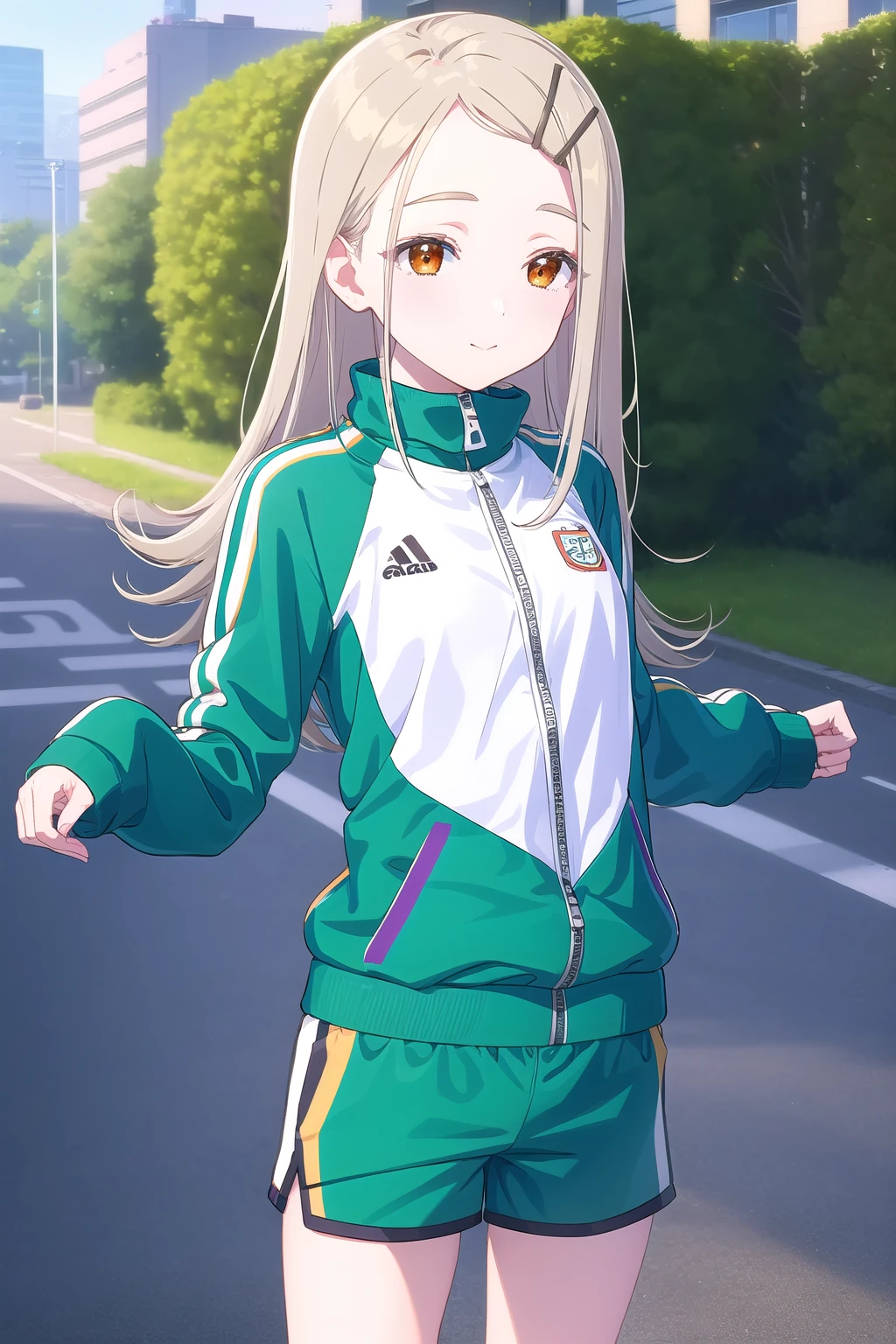 (masterpiece, best quality), highly detailed background, perfect lightingbest quality, shinosawahiro, solo, outdoors, city, nature, grey hair, hairclip, parted bangs, forehead, gradient hair, long hair, orange eyes, small breasts, track jacket, green jacket, zipper, sleeves past wrists, green shorts, gym shorts, short shorts, track suit, gym uniform, short shorts, :), closed mouth,  <lora:Shinosawa-Hiro:0.7>