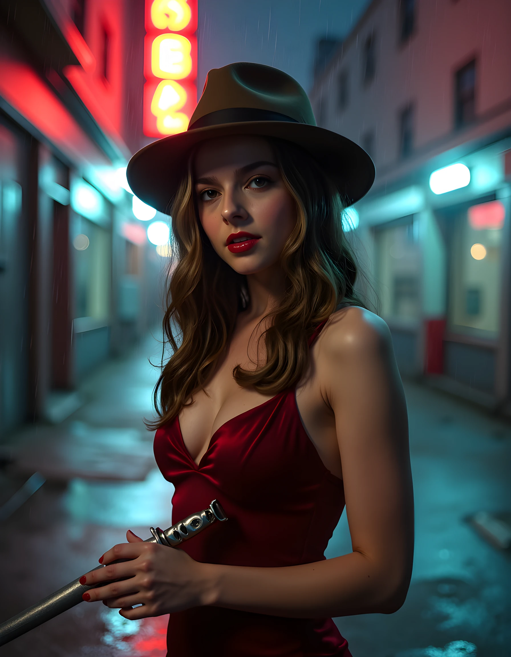 In a noir-inspired scene, the captivating tapo4k1, with her long, glossy brown hair cascading down her back like a waterfall of obsidian silk, is posed in a seductive, enigmatic stance. She stands against the stark backdrop of a rain-soaked, neon-lit city alleyway, the steam from puddles rising around her feet. The camera is angled low, looking up at her, capturing the delicate play of light and shadow that accentuates the curve of her lips, parted slightly in a tantalizing display of mystery. Her expressive eyes are hidden by the brim of a vintage fedora tilted at an angle, while her perfectly manicured fingers rest casually on the hilt of a sleek, silver switchblade concealed within the folds of a form-fitting red velvet dress that clings to her every curve. The emotional tone is one of intrigue and danger, as if she holds the fate of the city in the palm of her hand.