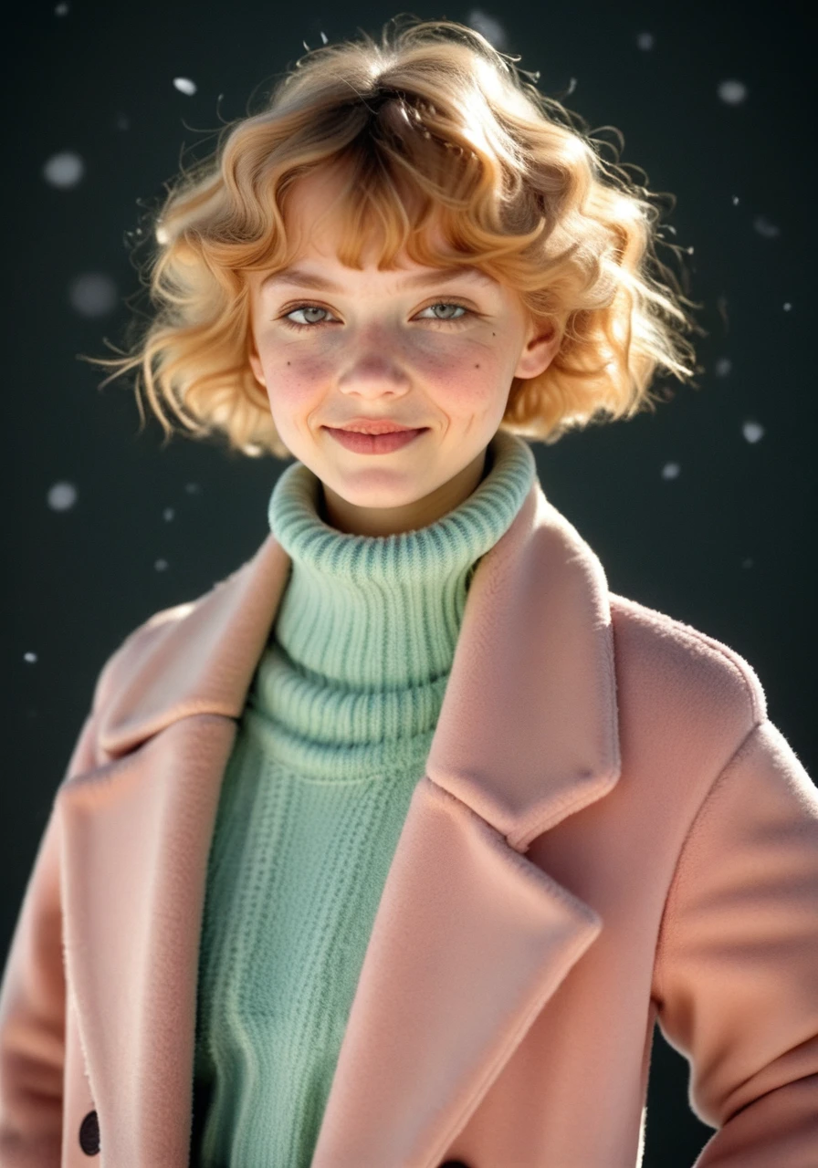 <lora:SnowGirlTina:0.8> (score_9) SnowGirlTina, pink coat, green sweater, simple black background, looking at viewer, hand on hip