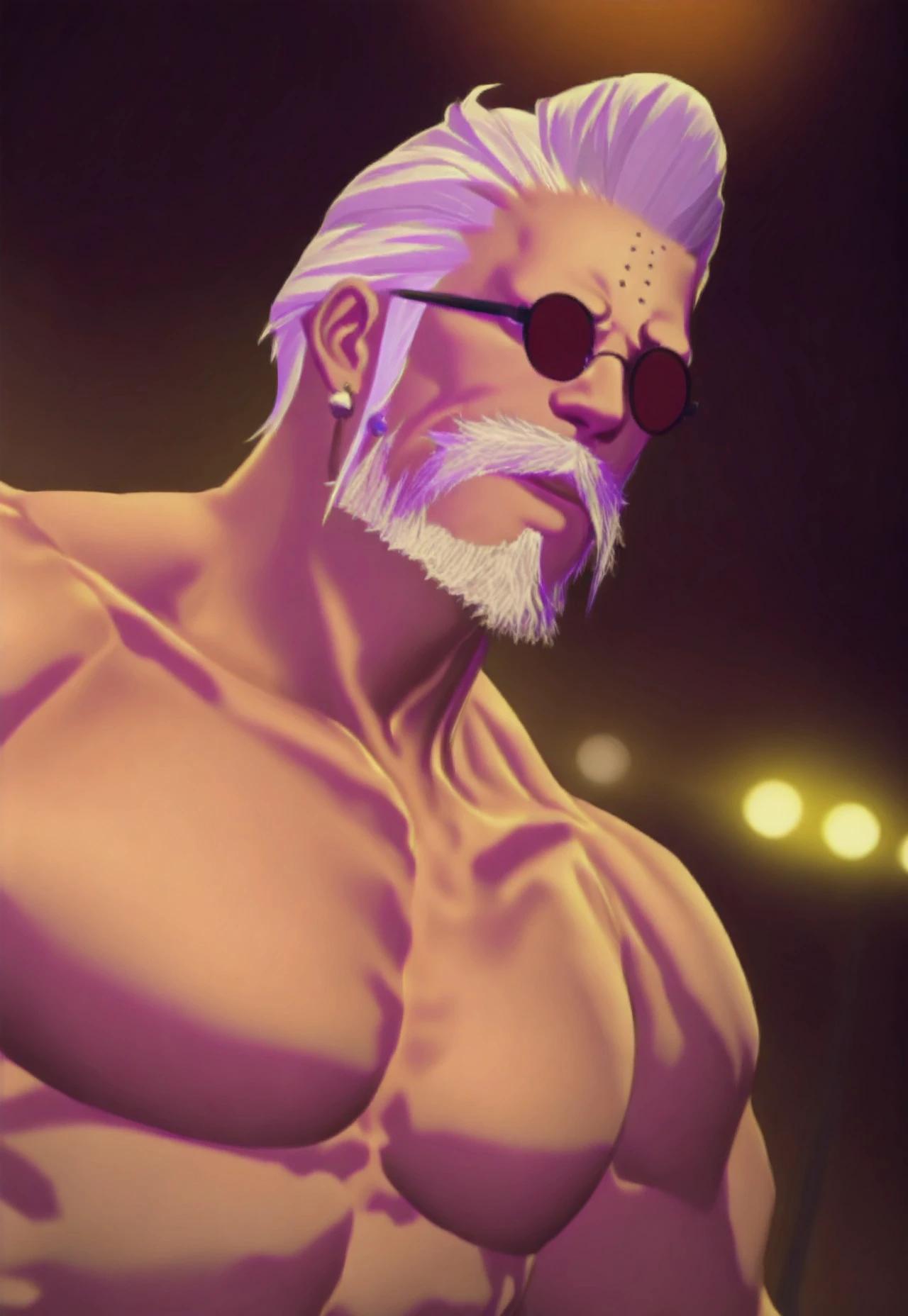 g0db3rt, the manderville man, 1boy, facial hair, male focus, beard, solo, white hair, sunglasses, earrings, jewelry, old man, muscular, old, mature male, mustache, round eyewear, cinematic angle, cinematic lighting, masterpiece