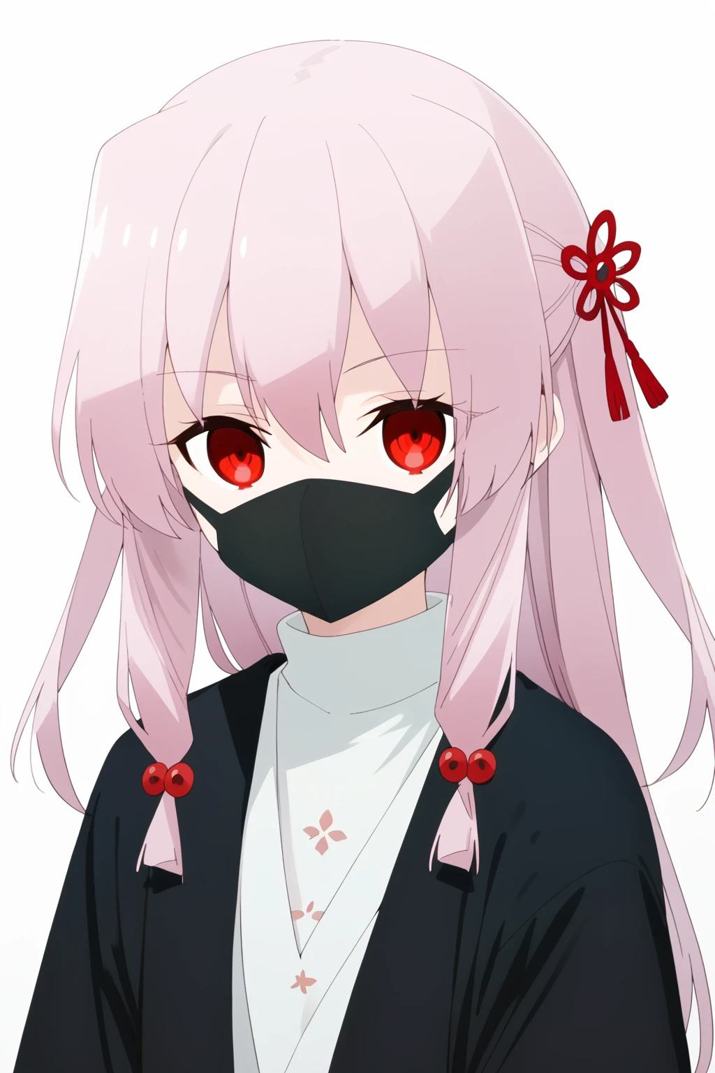 score_9, score_8_up, score_7_up, source_anime, best quality, masterpiece, 1girl, kaguya gekkou, long hair, pink hair, bangs, red eyes, hair between eyes, hair ornament, mask, mouth mask, looking at viewer, upper body, white background, <lora:Kaguya_Gekkou:1>