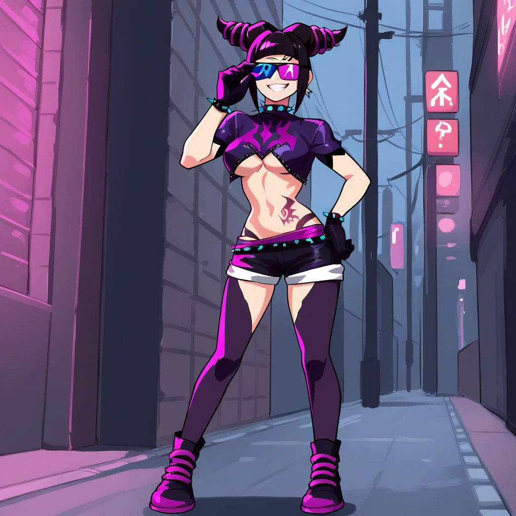 score_9, score_8_up, score_7_up, score_6_up, score_5_up, score_4_up, zPDXL2,source_anime,rating_questionable, 1girl, solo, smile, full body shot, posing, outdoors, urban ,night, juri han, <lora:hypnoshades:0.8>hypsh4d3s, midriff, crop top,  sunglasses, earrings, black shirt, short sleeves, short shorts, ankle boots, underboob cutout, covered eyes, stomach tattoo, spiked collar, legwear under shorts, black gloves