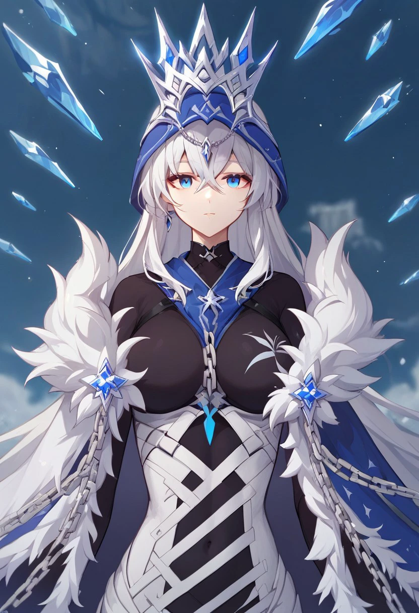 score_9,score_8_up,score_7_up,Expressiveh, herrscher_of_ice, 1girl, solo, white hair, long hair, breasts, blue eyes, bangs, hair between eyes, 
fur trim, cloak, cape, fur-trimmed cape, crown, chain, high heels, looking at viewer, mouth closed, upper body, close up,