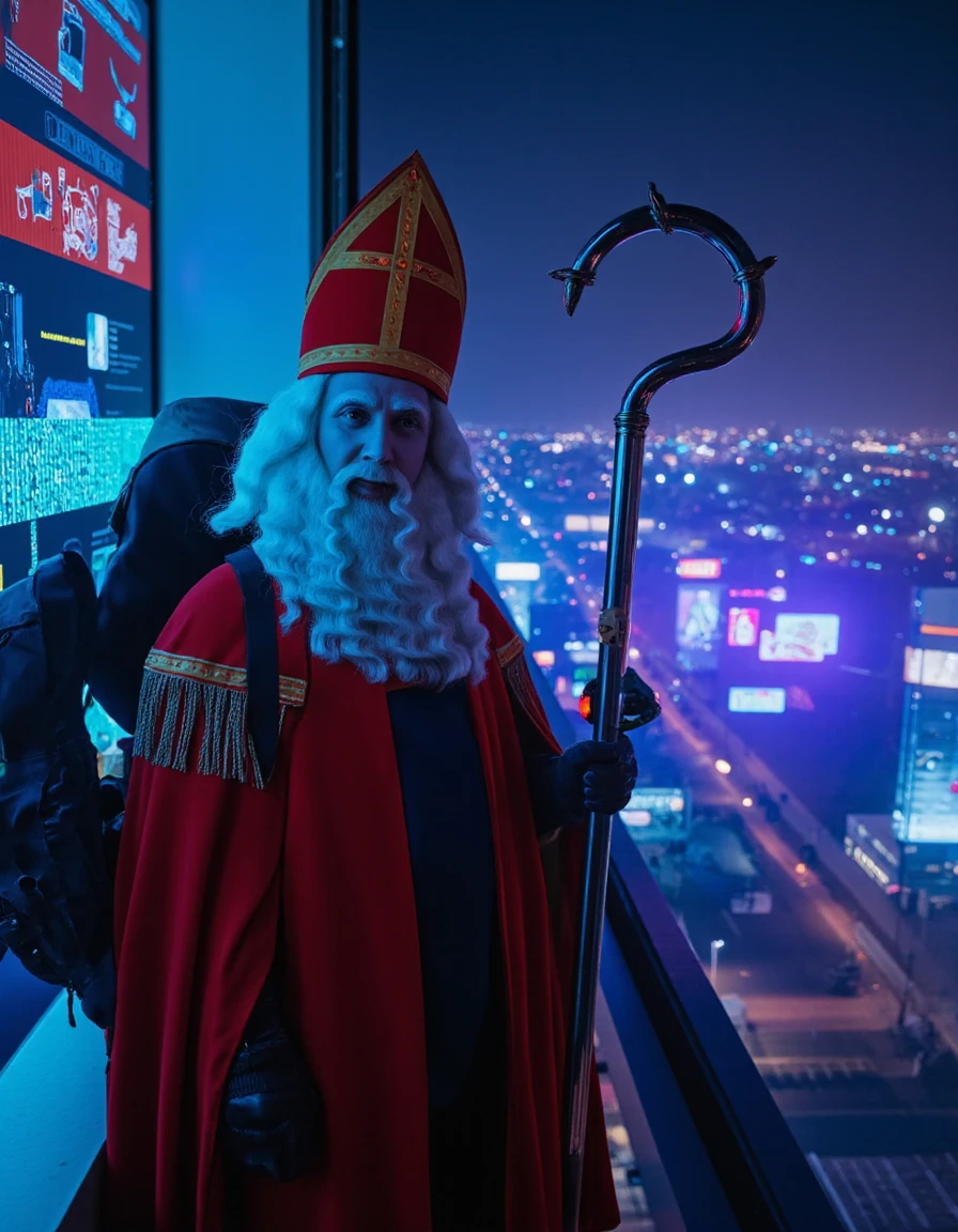 white beard, long beard,white hair, red miter with yellow cross on his head,
Picture Sinterklaas in a gritty, neon-soaked cityscape, high atop a skyscraper at midnight. Heâs standing on the edge of the building, dressed in a hybrid outfit of his ceremonial robes and tactical gearâdark red and black, with his robes flowing like a cape in the wind. Strapped to his back is his iconic staff, but itâs been reimagined as a sleek, high-tech grappling hook, glowing faintly at the end.
In one hand, heâs holding a futuristic binocular device, scanning the skyline below, where tiny drones buzz like fireflies amidst the city lights. His eyes are sharp and focused, locked on a target in the distance, as if heâs tracking something crucial. A data feed from the binoculars reflects off his stoic face, showing coordinates, thermal readings, and faint outlines of his mission.
Behind him, the city sprawls out like a vast maze of shimmering lights and steel towers. Holographic billboards flash ads for holiday sales and futuristic gadgets, casting blue and purple light across his figure. The rain has just begun to fall, making the streets below gleam like a river of neon, and droplets bead up on his cloak, dripping off dramatically.
He looks like a cross between a detective and a legend, the lone guardian of the night. His expression is set in a steely gaze, ready for whatever the city throws at him, as if heâs the only one who can deliver justiceâor perhaps a mysterious packageâto the heart of the metropolis.
<lora:Sinterklaas:1.8> Sinterklaasâââ