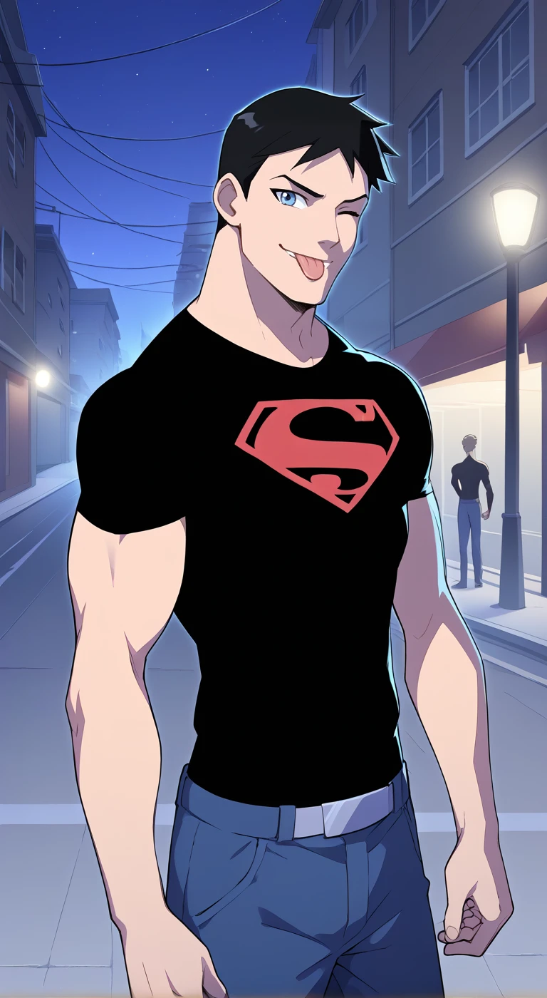 1boy,solo,male focus,superboy young justice,black hair,blue eyes,muscular,black shirt,pants,night,street,smile,flat color,one eye closed,tongue out