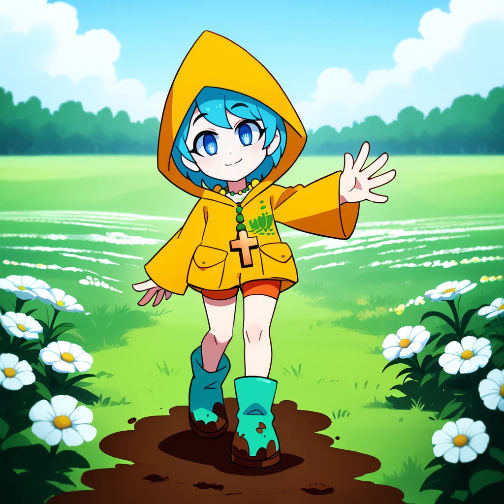 score_9,score_8_up,score_7_up,<lora:scottfalco:1>,
1girl,solo,<lora:Luca:0.8>,luca-light,aqua hair,short hair,blue eyes,symbol-shaped pupils,rosary,yellow raincoat,hood up,green logo,pocket,orange shorts,green rubber boots,mud on boots,
standing,flower field,looking at viewer,arm up,waving arm,looking at viewer,head tilt,smile,arm at side,