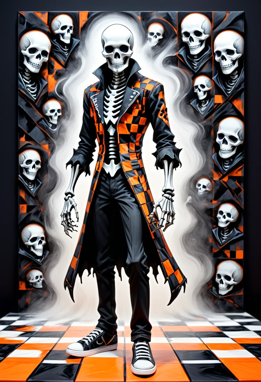 class character concept print, male, Necromancer, ghastly, undead-touched, death-magic, skeletal companion, haunting, ink, jersey, expressionism style, Embossed, orange, black, and white, checkerboard pattern, tilt shift effect, neon accents, op art, velour texture, matte finish <lora:artfully_QUILTEDFANTASY:1>,