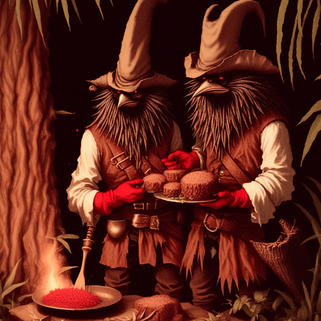 nature, tree, spikes, tricorne, pillar, brown gloves, furry, red eyes, cooking