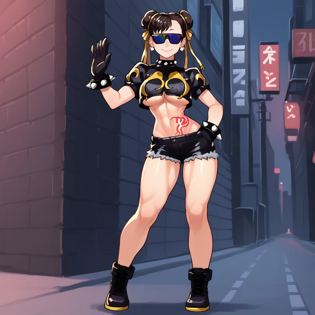 score_9, score_8_up, score_7_up, score_6_up, score_5_up, score_4_up, zPDXL2,source_anime,rating_questionable, 1girl, solo, smile, full body shot, posing, outdoors, urban ,night, chun li, <lora:hypnoshades:0.8>hypsh4d3s, midriff, crop top,  sunglasses, earrings, black shirt, short sleeves, short shorts, ankle boots, underboob cutout, covered eyes, stomach tattoo, spiked collar, legwear under shorts, black gloves