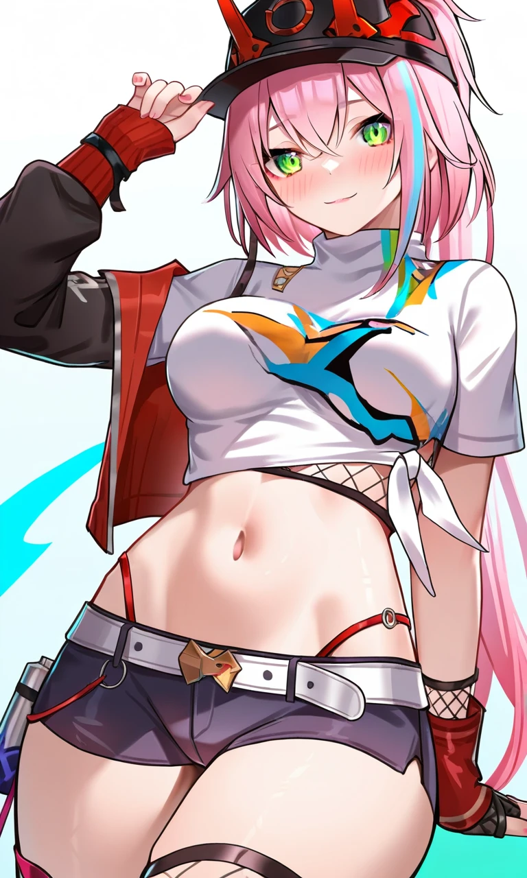 1girl,solo,medium breasts,smile,blush,
<lora:20241102-1730478636069:0.8>,tj_rappa,baseball cap,green eyes,shorts,navel,midriff,pink hair,horns,belt,multicolored hair,shirt,fishnet stockings,
(chen bin:0.5),(niliu_chahui:0.9),year 2023,(melailai:0.2),[[artist:as109]],ask_(askzy),efuri (riarea00),fukemachi,borii,minazuki,(uraha246),nonddu,(masterpiece),(best quality),(ultra-detailed),