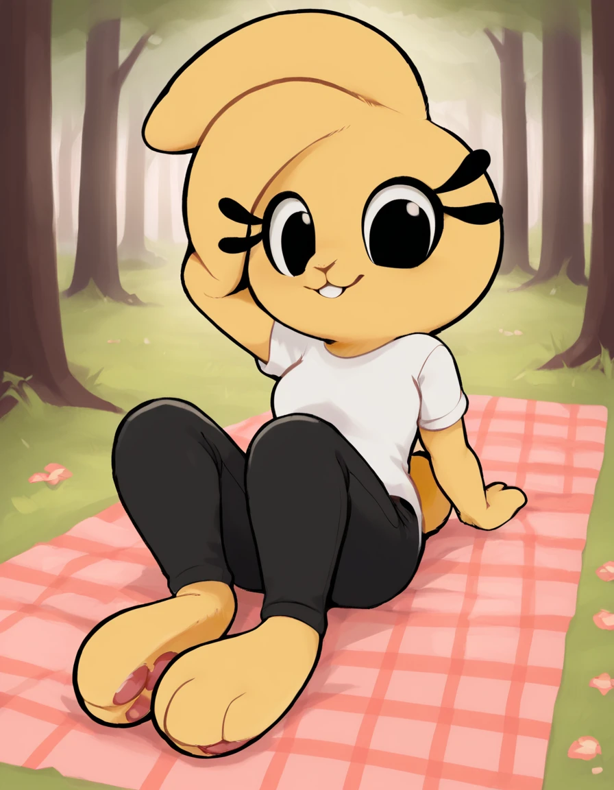 outdoors,forest,picnic,
Bonita,1girl,solo,animal ears,furry female,body fur,animal nose,black eyes,rabbit girl,yellow fur,rabbit ears,rabbit tail,
full body,facing viewer,smile,pink pawpads, 
white t-shirt,black pants,
<lora:Bonita_v01_PDXL:1>,