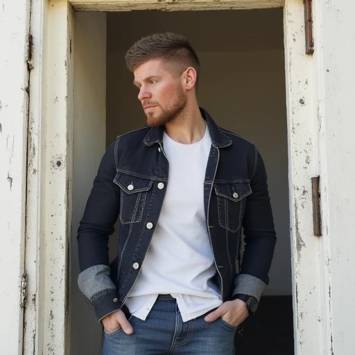 off-white wooden door with a distressed, a neatly trimmed beard, with a hint of determination or contemplation on his face. He is dressed in a dark, unblemished complexion., off-white textured wall. The man has a rugged, long-sleeved denim jacket over a plain white t-shirt., abandoned industrial setting. He has a fair complexion, slightly spiky manner. He has a light stubble and a slightly pained or focused expression