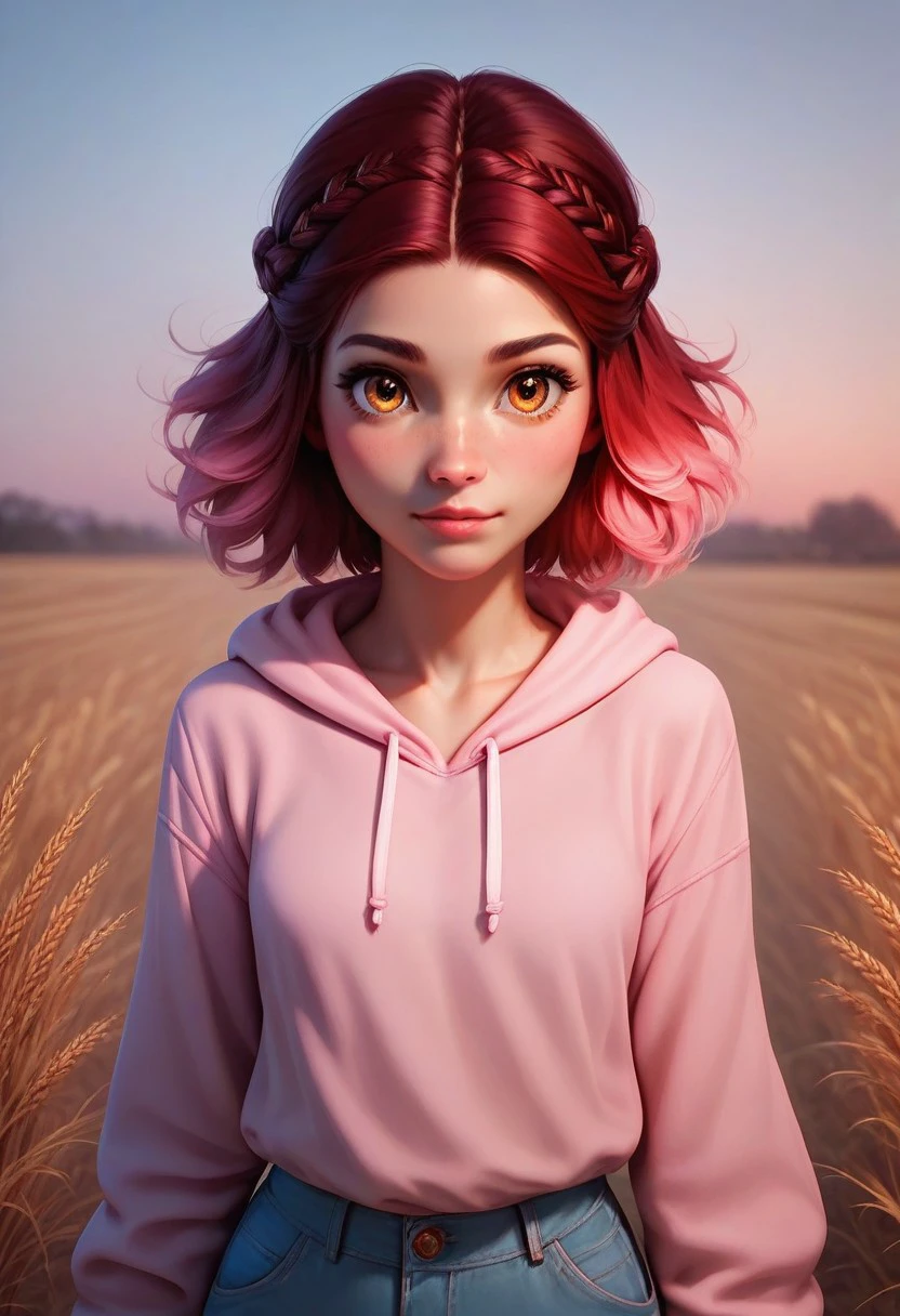 score_9, score_8_up, score_7_up, semi realistic, 1girl,  Ruby Gamroy, 20 years old, amber eyes, detailed hands, detailed face,
seductive look, red hair, pink gradient hair, shoulder length hair, french braid, ombre, ears covered with hair, small breast,
pink hoodie, 
high angle, 
halloween, harvest, autumnal, outdoors, wheat field,