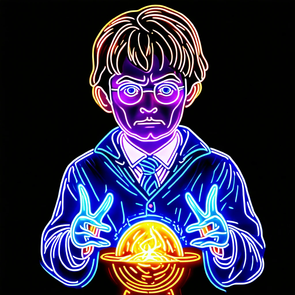 digital neon, a young Daniel Radcliffe as Harry Potter casting a spell, on a black background 