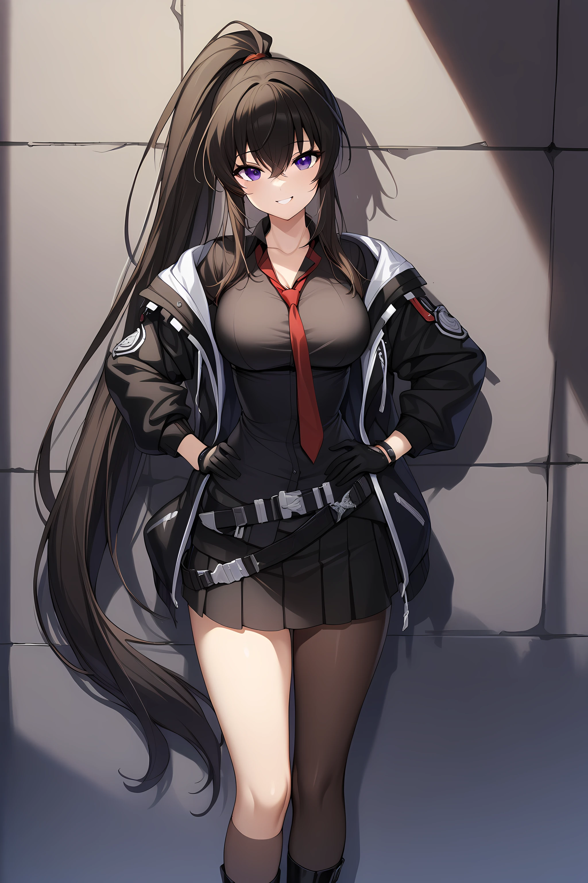 yoo_mina, 1girl, solo, long hair, purple eyes, gloves, necktie, black gloves, ponytail, skirt, jacket, shirt, cowboy shot, very long hair, black jacket, open clothes, black shirt, black footwear, leaning on the wall, dark alleyway background, looking at viewer, hands on hip, smile, <lora:Yoo_Mina:1>, (masterpiece),(best quality),(ultra-detailed),(best illustration),(best shadow),(absurdres),(detailed background),(very aesthetic),