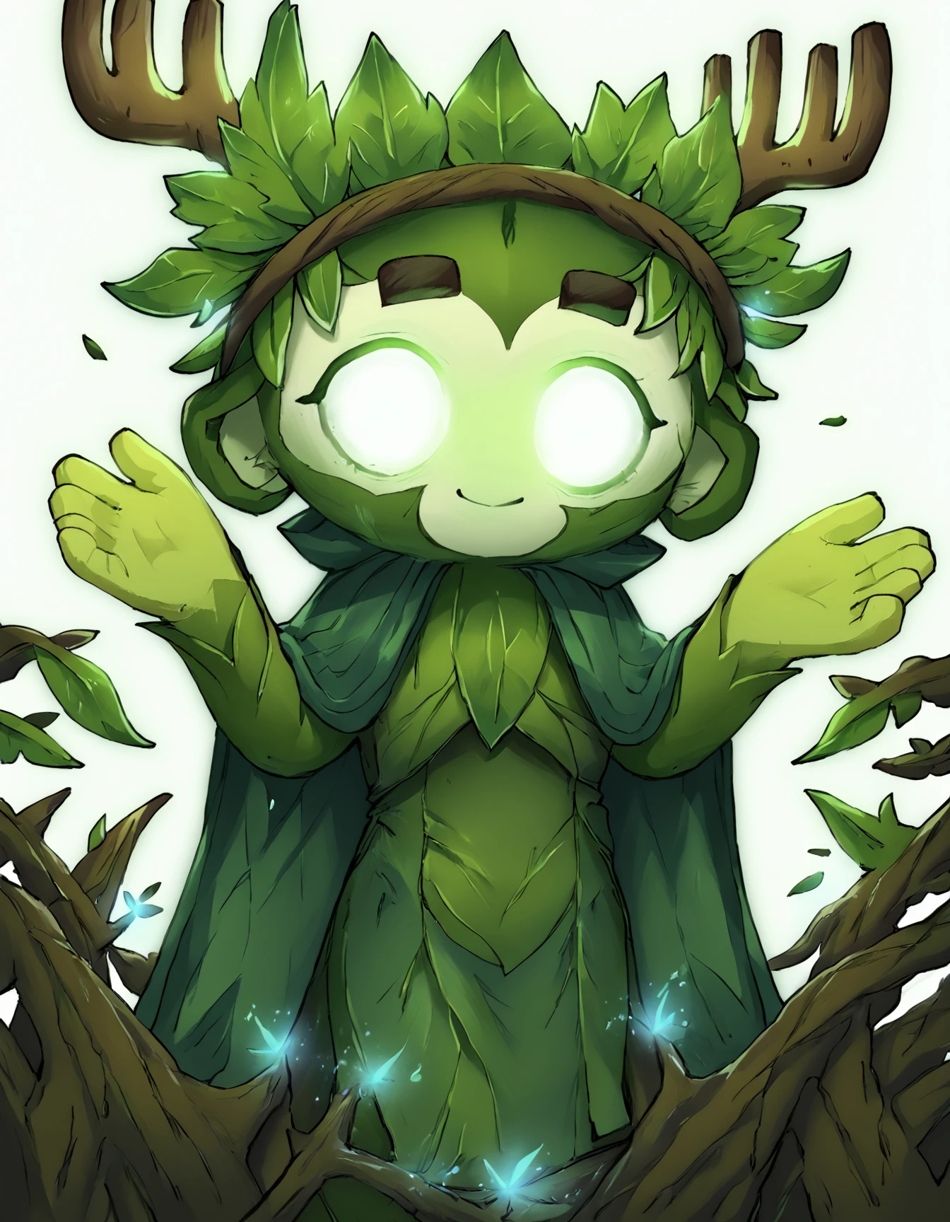 <lora:btdv4:1>,antlers, leaf hair ornament,green skin,white background, smile,looking at viewer,green cape,leaf clothing, vines,glowing eyes, 1girl