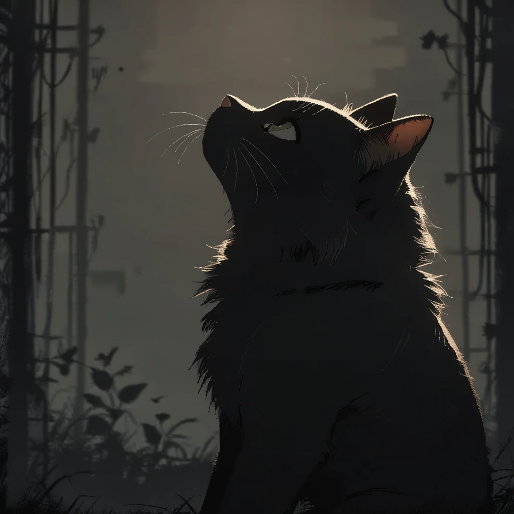 Kharithi Style, Dark Lighting, Bright, Gritty, cat, looking up, from side, sitting