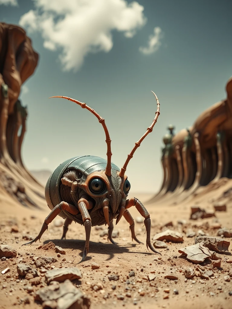 unique  crustacean  invertebrate woodlouse species creature, eyeless, lurking onplanet Ligura dusty desert with cliffs. .  <lora:Alienator-NT:1>, character portrait, Foreshortening, Distorted Perspective, Dynamic