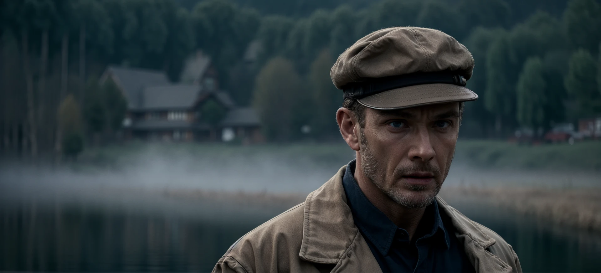 male,short boxed beard,blue eyes,peaky blinders hat,(misty lake),((fog)),simple background,blurry,depth of field,portrait,((realistic)),Highly detailed,(ultra-detailed),(best quality,masterpiece:1.5),<lora:dark:0.7>,