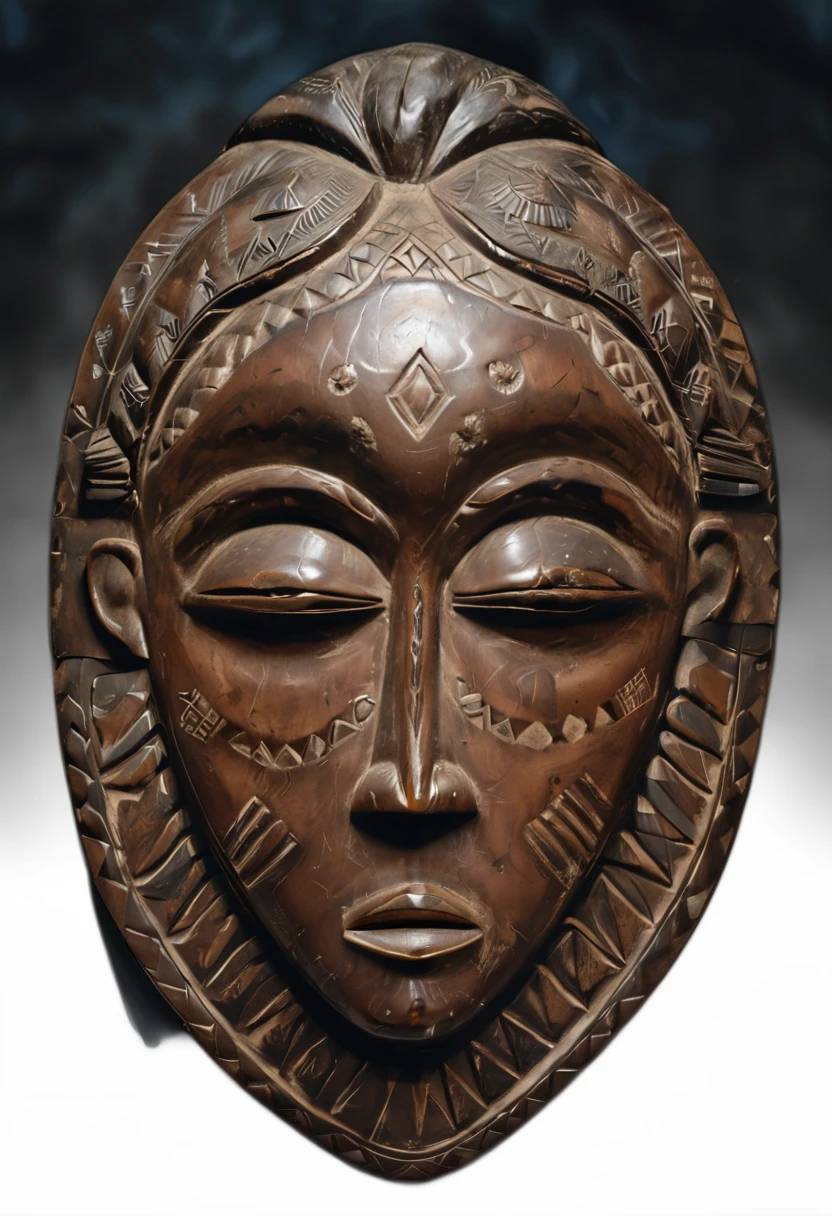 image of large carved art nouveau african shield depicting head of a woman, west africa mid 20th century approximately long handled or later half a circle in bronze copper color on wooden frame is of a black, <lora:Tribal_Mask:0.85>, Tribal_Mask, tribal, mask, glossy paper, iso150,  35mm, score_9, score_8_up, score_7_up, close up, indonesian batik, tent skin, cultural clothing, windswept hair, facing viewer, detailed ornaments, ((light asian skin)), very detailed big eyes, intricate details, <lora:Hyperrealism style v3:0.5>, Hyperrealism style, 3d, concept-art, dreaminess, psychedelic, surreal, vibrant, shallow-depth-of-field, contemporary, soft bokeh, futuristic, other-worldliness, Unreal, real-time 3D, Epic Games style, Unreal Engine style, 3d-rendering