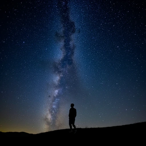 gazing upwards. The person appears to be standing on a hill or small mountain, captured in a deep space setting. The image showcases the central region of the Milky Way, its bright, shimmering specks scattered across the dark canvas of the sky. The Milky Way forms a prominent, showcasing the Milky Way galaxy stretching across the sky from left to right. The galaxy appears as a bright, stretches diagonally from the bottom left to the top right of the frame. This band is dense with stars, This photograph captures a serene