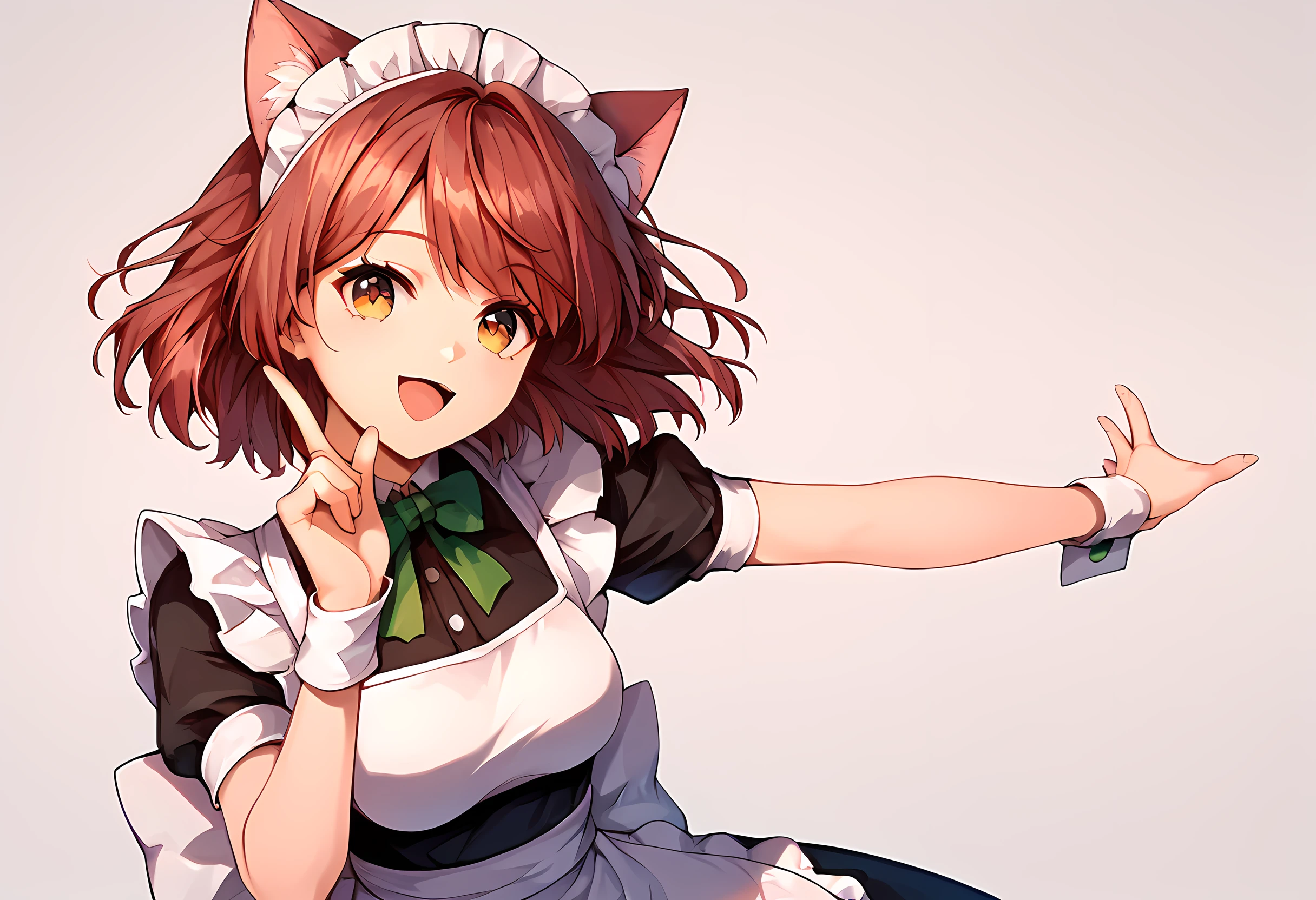 score_9, score_8_up, score_7_up, 1girl, solo, extremely detail face, cat ears, red hair, head tilt, hazel eyes, medium breasts, maid suit, open mouth, smile, pointing, doodle dance, indoor background,<lora:Ruby_Hoshino_Doodle_Dance_Meme_Smaller_Hitbox:1>