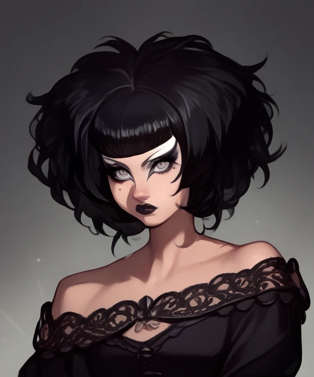 score_9, score_8_up, score_7_up, score_6_up, solo, female, elf, black hair, blunt bangs, grey eyes, black dress, off shoulder, eyeliner, black lips, mole, pale, portrait <lora:Trad_Goth_test:1.5> <lora:[GP] somethingweird [Pony XL]:1>