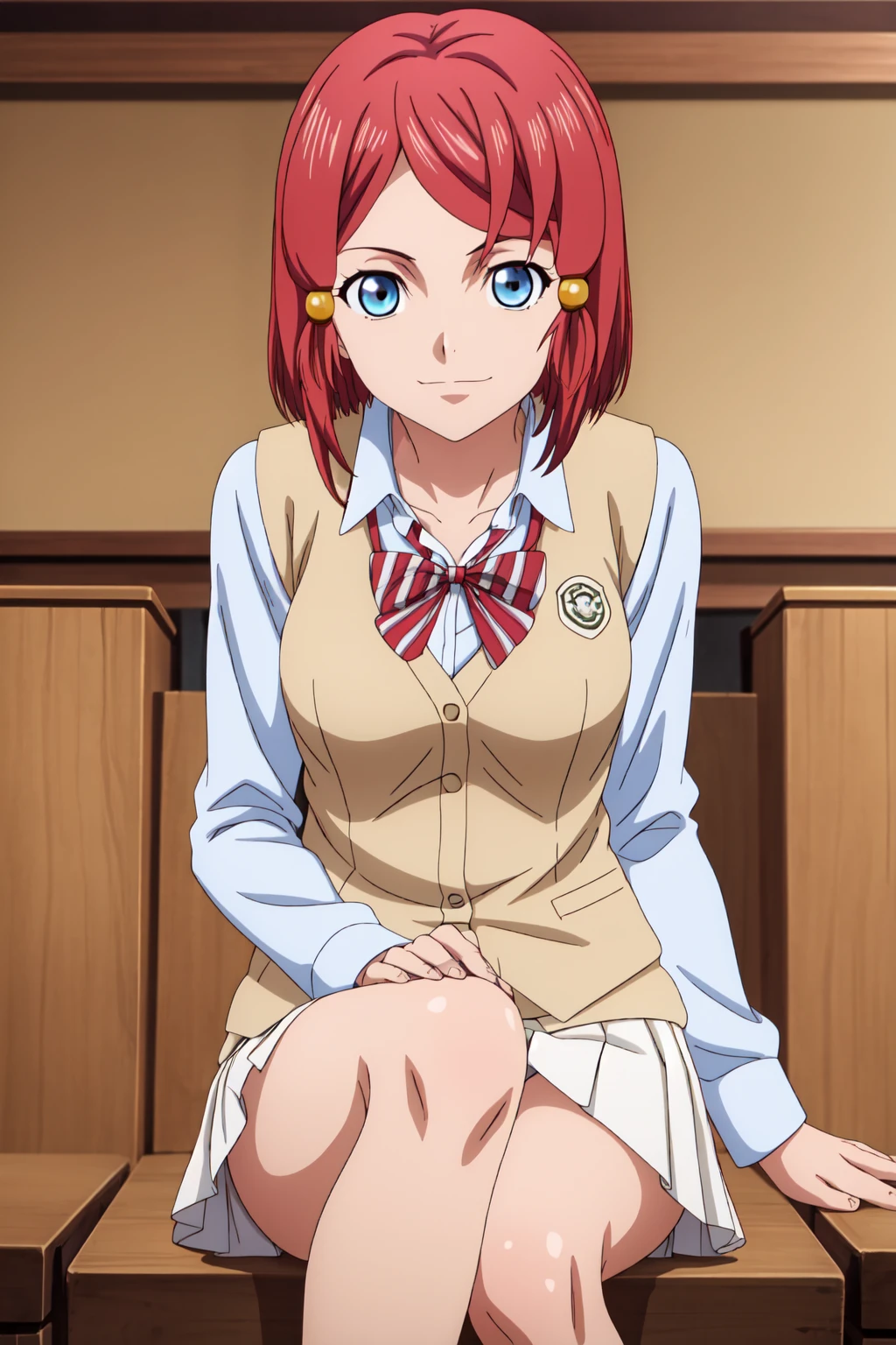 best quality, anime screencap, anime coloring, 1girl, solo, short hair, blue eyes, red hair, hair tubes, rose_sparrow, skirt, shirt, long sleeves, bow, school uniform, collarbone, white shirt, pleated skirt, striped, collared shirt, red bowtie, dress shirt, white skirt, striped bow, striped bowtie, (light brown vest:1.3), Sitting with back straight and legs crossed, leaning slightly to one side with an inviting expression, light smile, closed mouth