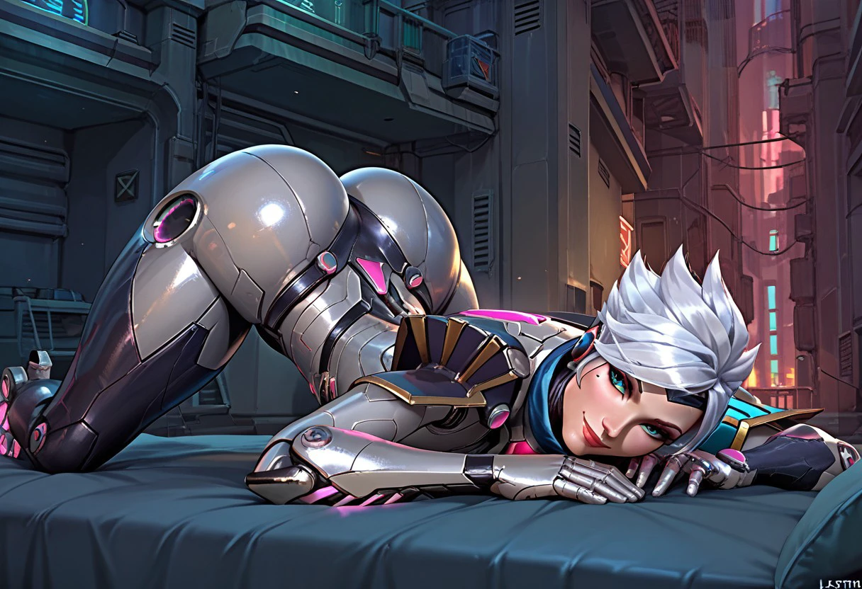 score_9, score_8_up, score_7_up, bent on, top down bottop up, close-up, looking over shoulder, smile, score_9, score_8_up, score_7_up, project-fiora, white hair, mask, bodysuit, armor, cyborg, short hair, big ass, large breasts, neon, city, night, science fiction, shoulder pads, 1girl, solo, pussy bulge, tigh skin, on bed, futuristic bedroom, science fiction mattress, dynamic angle