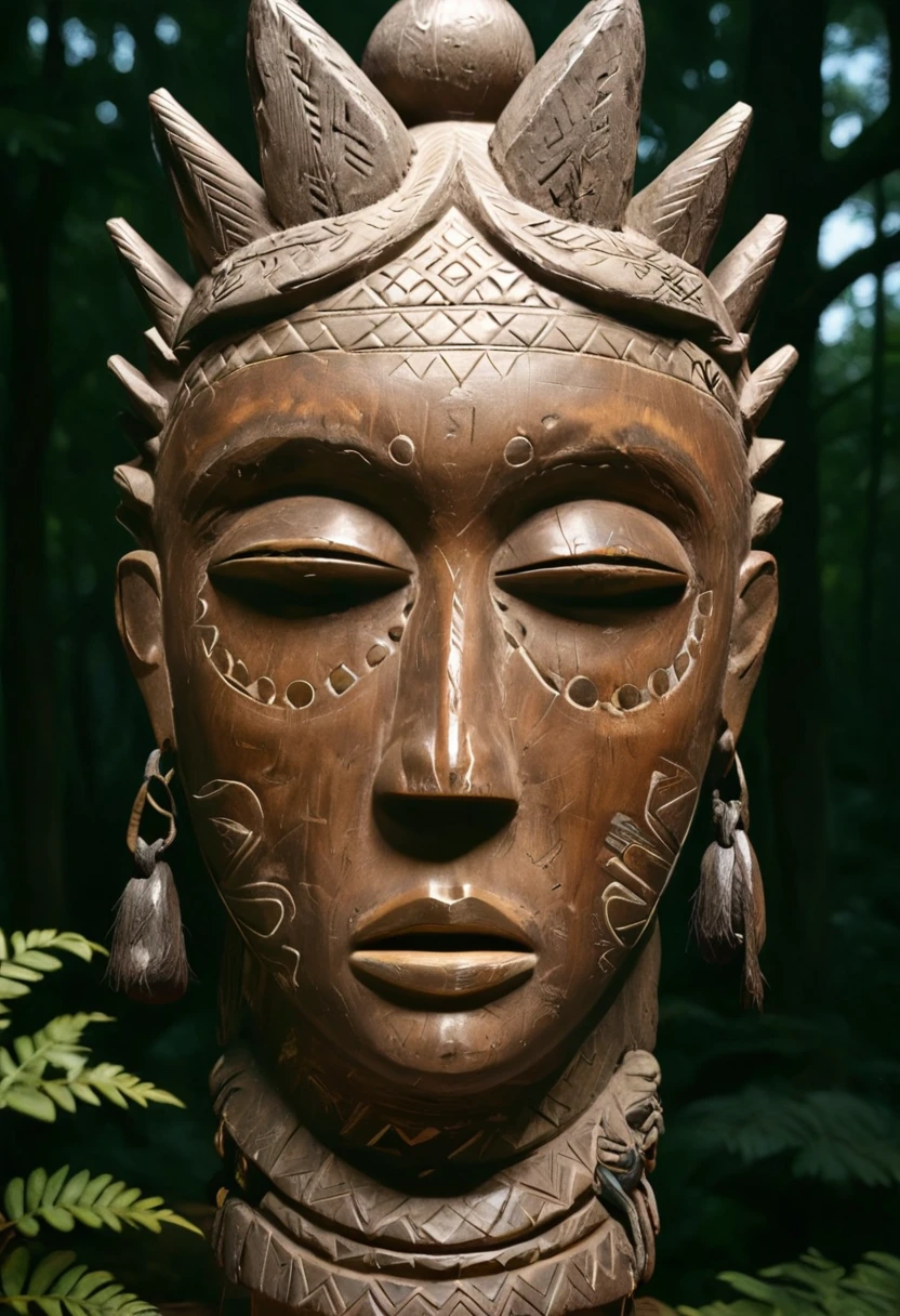 image of large carved stone statue in dark forest area with light at back area through trees with lantern lights above head and face on a tall wooden totempeg and one column, with large, ,,<lora:Tribal_Mask:0.85>, Tribal_Mask, tribal, mask, glossy paper, iso150,  35mm, score_9, score_8_up, score_7_up, close up, indonesian batik, tent skin, cultural clothing, windswept hair, facing viewer, detailed ornaments, ((light asian skin)), very detailed big eyes, intricate details, <lora:Hyperrealism style v3:0.5>, Hyperrealism style, 3d, concept-art, dreaminess, psychedelic, surreal, vibrant, shallow-depth-of-field, contemporary, soft bokeh, futuristic, other-worldliness, Unreal, real-time 3D, Epic Games style, Unreal Engine style, 3d-rendering,100% ControlNet OpenPose