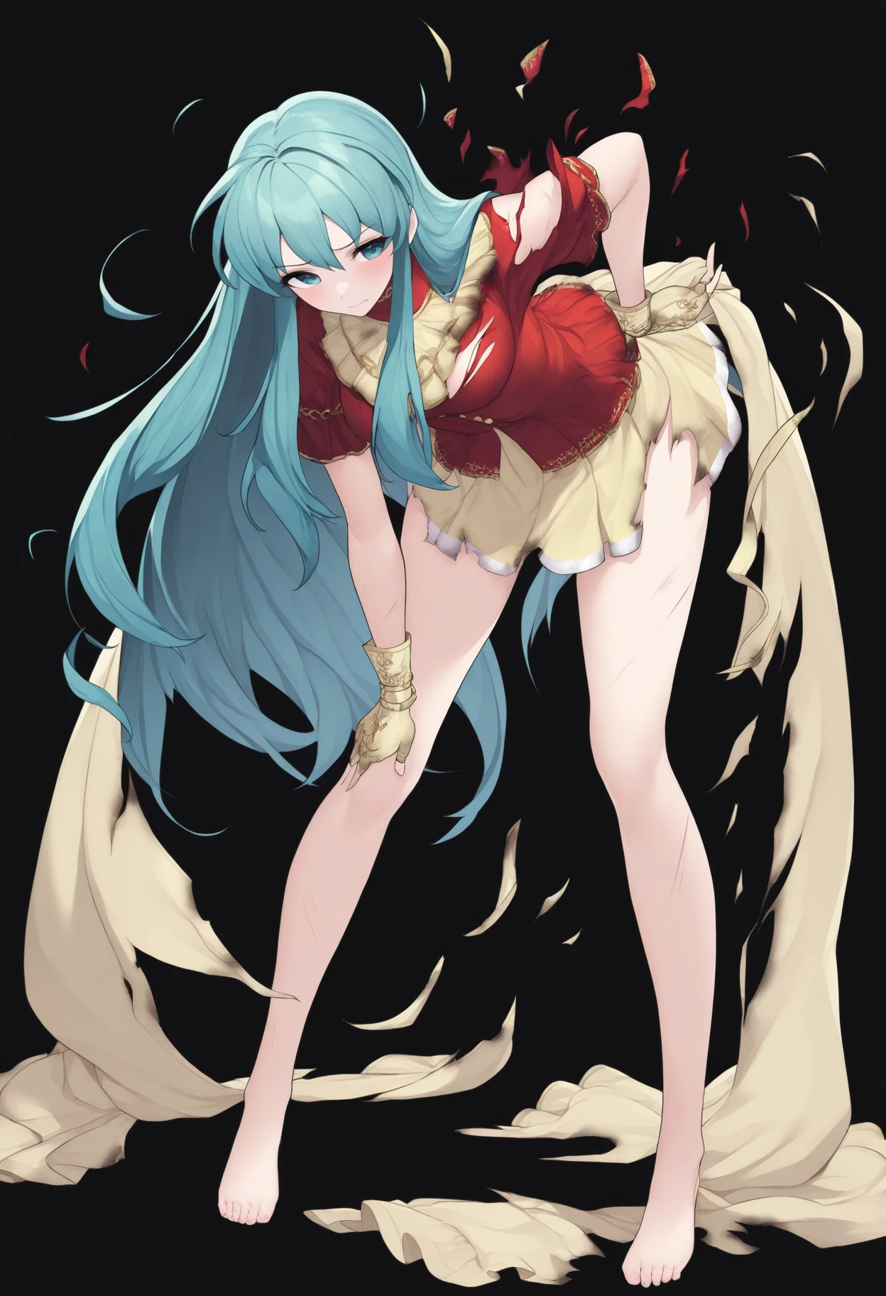 masterpiece, best quality, 1girl, solo, <lora:feh-style-richy-v1_ixl:1> fehdmg, full body, black background, torn clothes, standing, leaning forward, bent over, eirika \(fire emblem\),