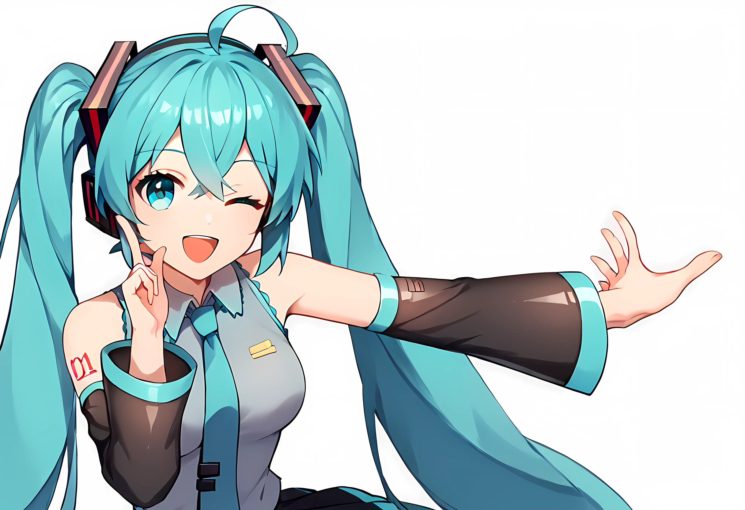 score_9, score_8_up, score_7_up, 1girl, solo, extremely detail face, miku hatsune, ahoge, aqua eyes, aqua hair, crossed bangs, hair between eyes, hair ornament, headphones, long hair, twintails, one eye closed, medium breasts, black skirt, black sleeves, collared shirt, detached sleeves, grey shirt, necktie, pleated skirt, shirt, sleeveless shirt, tie clip, open mouth, smile, pointing, doodle dance, indoor background, <lora:Ruby_Hoshino_Doodle_Dance_Meme_Smaller_Hitbox-000006:1> <lora:miku-hatsune-ponyxl-lora-nochekaiser:1>