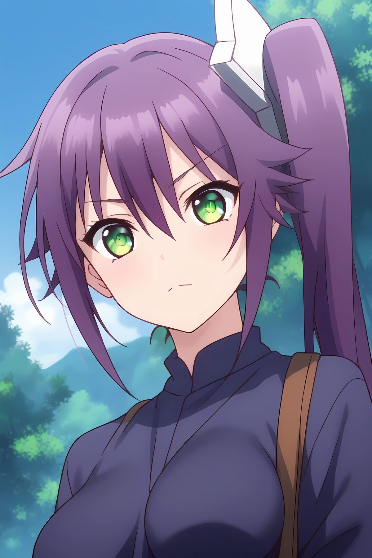 (close-up:1.40), ys-sagiri, purple hair, side ponytail, hair ornament, 1girl, solo, skinny, score_9, score_8_up, score_8, score_7_up, score_7, score_6_up, score_6, score_5_up, score_5, source_anime, (lewd:1.10), night sky outdoors, (:1.20), , <lora:ys-sagiri-V01:0.90>, medium breasts