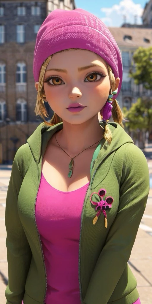 Hyperrealistic, photorealistic, super detailed, pink bandana, brilliant azure T-shirt, green jacket with a hood, pale magenta lipstick, honey blonde hair styled into colored dreadlocks, pale magenta lipstick, body like in real life, large pores, fair skin, quite short, chubby, beautiful arms, little breasts, unreal engine, octane render, droped shadow, bokeh, cinematic lighting, <lora:add_detail:0.5>, <lora:Volumetric_lighting:0.6>, Mylène Haprèle, , <lora:0a2937d1-de1c-498e-97f5-aa181e43b8bc:0.7>