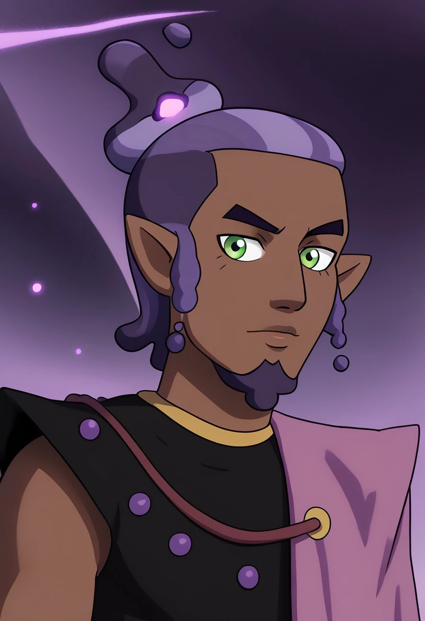 Darius Deamonne, Brown skin, Green eyes, Purple goo hair, Purple goo beard, eyeliner, Elf ears, muscular, male, Black shirt, purple cape, portrait, close up