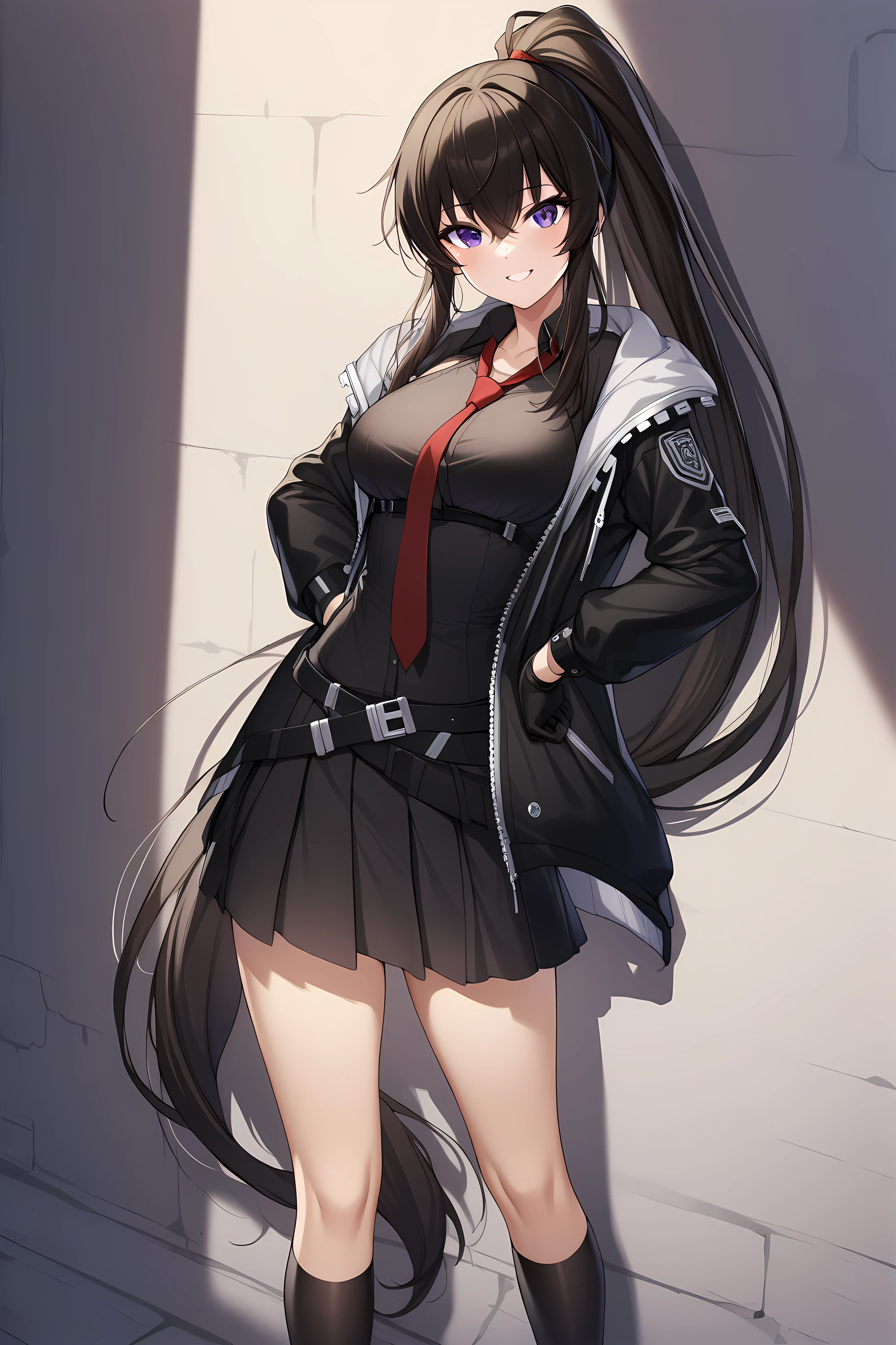 yoo_mina, 1girl, solo, long hair, purple eyes, gloves, necktie, black gloves, ponytail, skirt, jacket, shirt, cowboy shot, very long hair, black jacket, open clothes, black shirt, black footwear, leaning on the wall, dark alleyway background, looking at viewer, hands on hip, smile, <lora:Yoo_Mina:1>, (masterpiece),(best quality),(ultra-detailed),(best illustration),(best shadow),(absurdres),(detailed background),(very aesthetic),