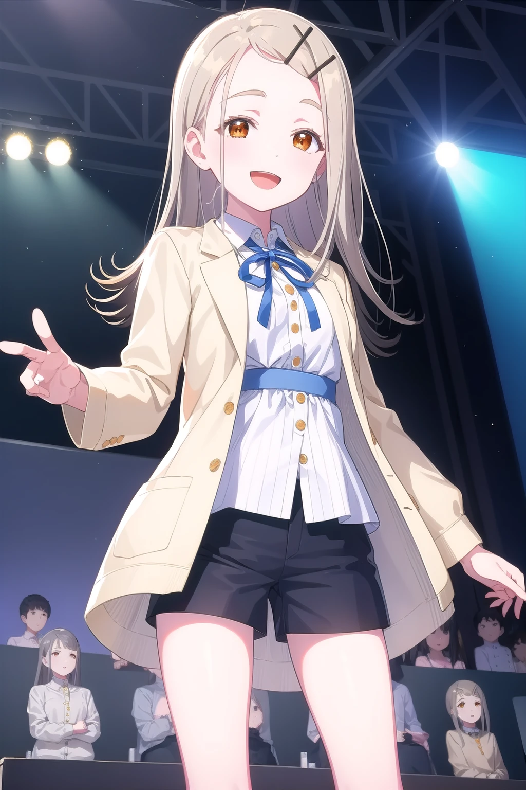 (masterpiece, best quality), highly detailed background, perfect lightingbest quality, shinosawahiro, solo, indoors, stage, stage lights, grey hair, hairclip, parted bangs, forehead, gradient hair, long hair, orange eyes, small breasts, white jacket, vertical-striped jacket, neck ribbon, blue ribbon, buttons, collared dress, white dress, puffy long sleeves, black shorts, short shorts, smile, open mouth, :d,  <lora:Shinosawa-Hiro:0.7>