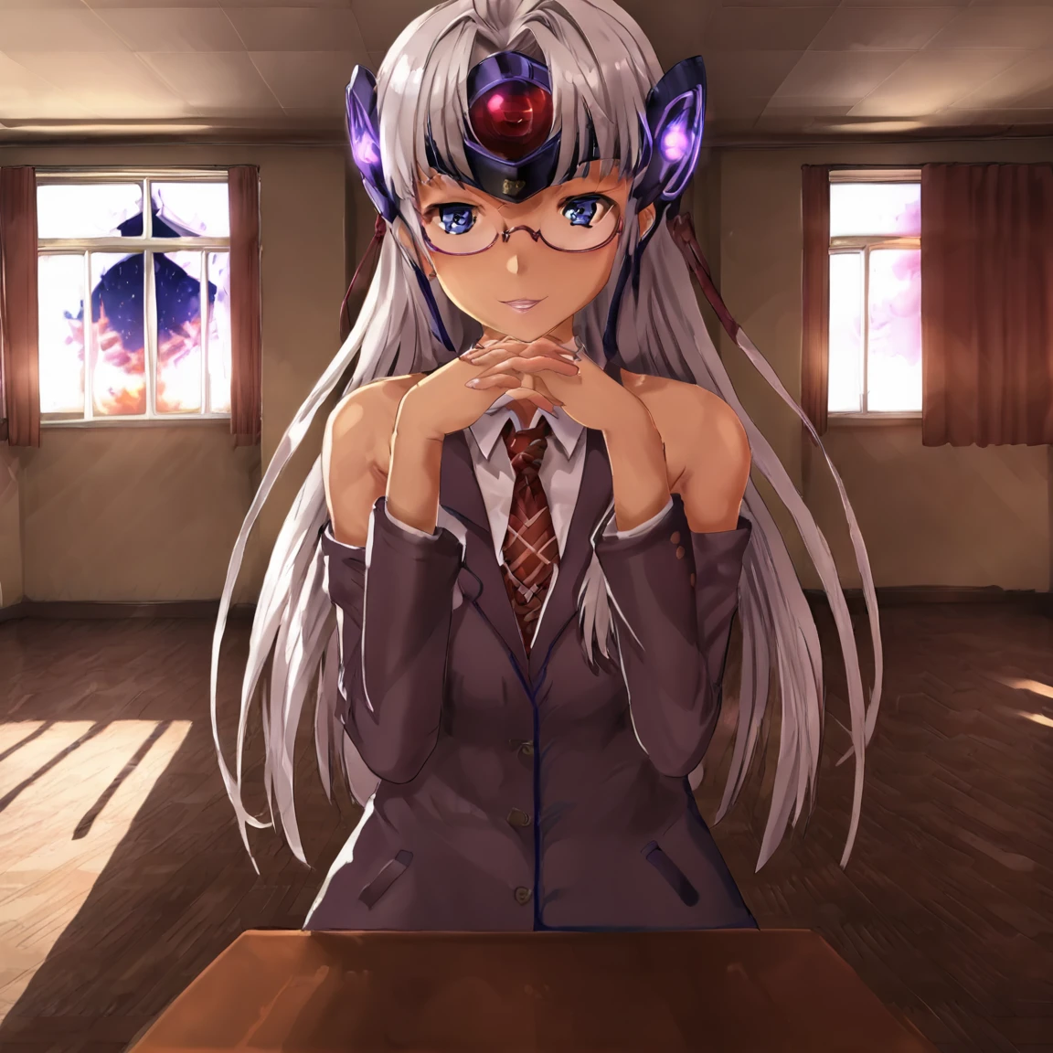 <lora:Monikas_Room:0.8> indoors, window, looking at viewer, classroom, desk, star (sky), school, school desk, interlocked fingers
 <lora:XB2 t-elos re ponyXL v1:1> t-elos_re: