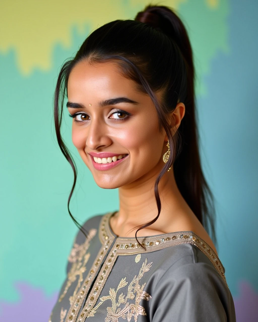 headshot photo of a Shraddha Kapoor woman,candid photo with natural colors, smiling expression on face,studio quality, wearing intricate conservative long sleeved Grey Rajasthani Lehenga, high ponytail, pastel shaded multicolored background, cinematic soft lighting<lora:TestBed\Shraddha_Kapoor_2024_Flux_Kohya_V1.safetensors:1.0:1.0>