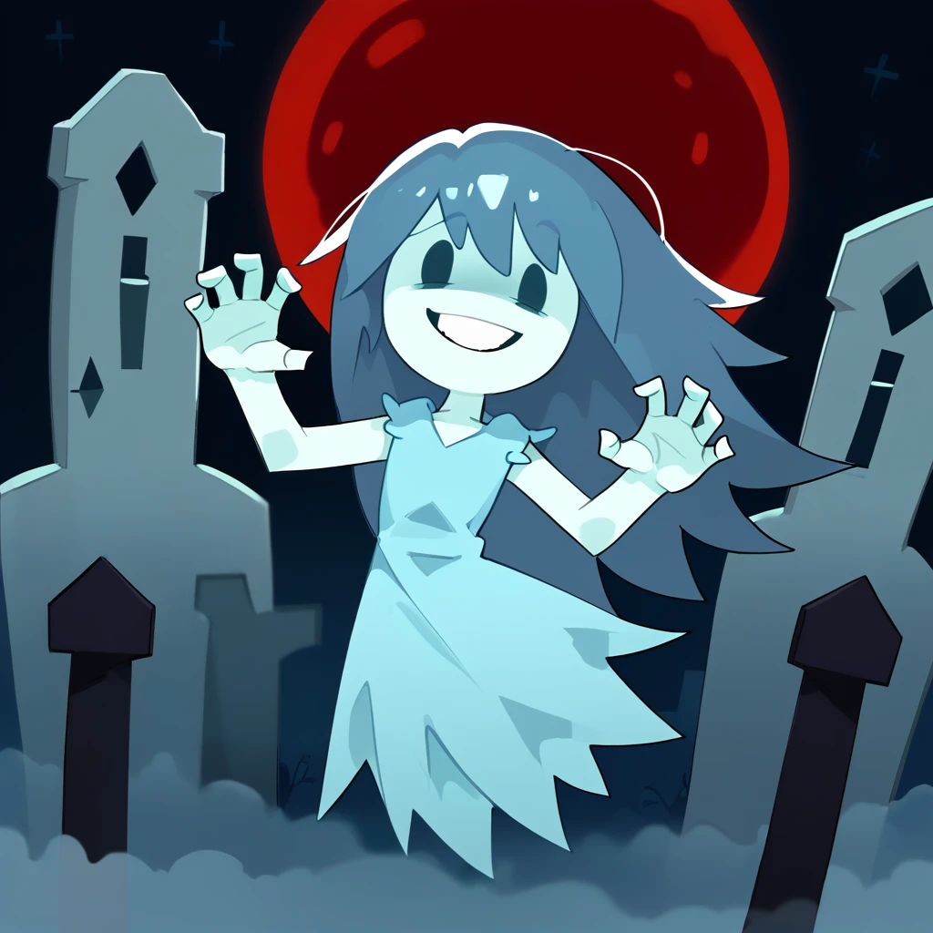 score_9,score_8_up,score_7_up,<lora:scottfalco:1>,
1girl,solo,<lora:spooky:1>,spooky (sjm),blue dress, ghost girl,solid oval eyes,transparent, hands up, zombie pose, looking at viewer, grin, graveyard, halloween, red moon, fog, floating, floating hair, zombie girl costume,