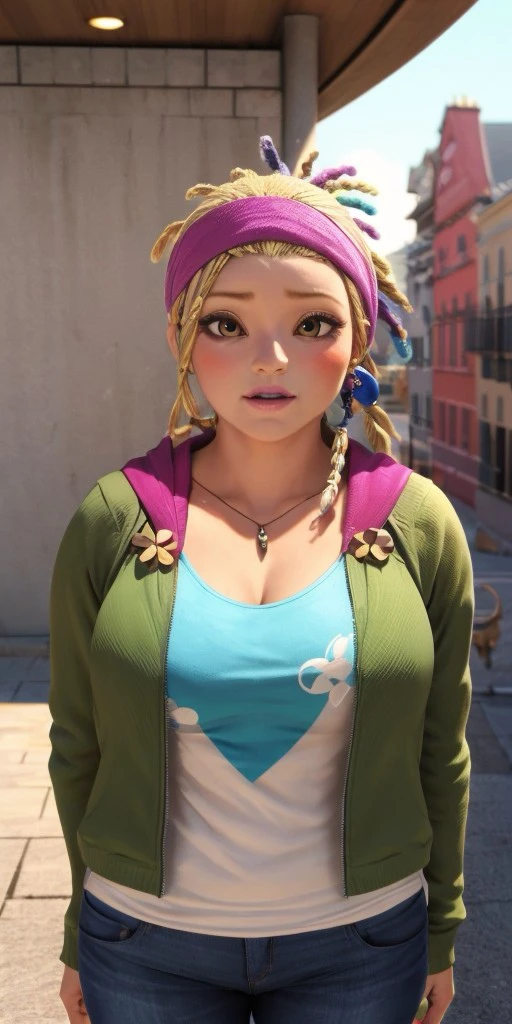 Hyperrealistic, photorealistic, super detailed, pink bandana, brilliant azure T-shirt, green jacket with a hood, pale magenta lipstick, honey blonde hair styled into colored dreadlocks, pale magenta lipstick, body like in real life, large pores, fair skin, quite short, chubby, beautiful arms, little breasts, unreal engine, octane render, droped shadow, bokeh, cinematic lighting, <lora:add_detail:0.5>, <lora:Volumetric_lighting:0.6>, Mylène Haprèle, , <lora:0a2937d1-de1c-498e-97f5-aa181e43b8bc:0.7>