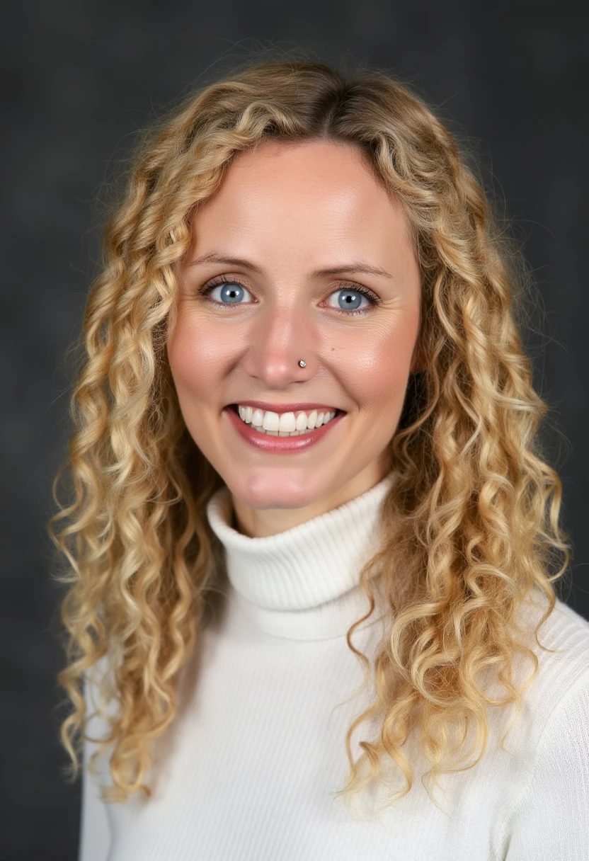 A professional portrait photo of suzannahlipscomb, a woman with gold blonde hair. She is smiling, showing her perfect teeth. She is wearing a small diamond nose piercing. She is wearing a finely knit white turtleneck sweater. The background is blurry and shows a dark gray professional photo studio canvas.