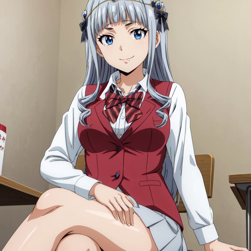 best quality, anime screencap, anime coloring, 1girl, solo, long hair, bangs, blue eyes, silver hair, blunt bangs, sidelocks, drill hair,  hair ornament, touka_faris_v1, breasts, skirt, shirt, long sleeves, bow, school uniform, collarbone, white shirt, pleated skirt, striped, collared shirt, red bowtie, dress shirt, white skirt, striped bow, striped bowtie, (red vest:1.2), looking at viewer, happy, (standing:1.1)