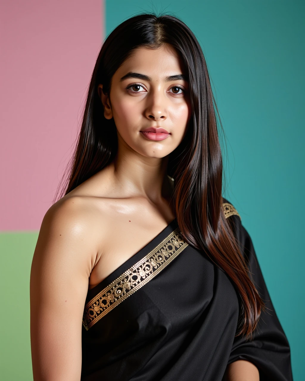 headshot photo of Pooja Hegde woman,candid photo with natural colors, serious expression on face,studio quality, wearing intricate elegant sleeveless Black Mekhela Chador (Assamese traditional attire), straight hair, pastel shaded multicolored background, cinematic soft lighting<lora:TestBed\Pooja_Hegde_Flux_Kohya_V1-000005.safetensors:1.0:1.0>