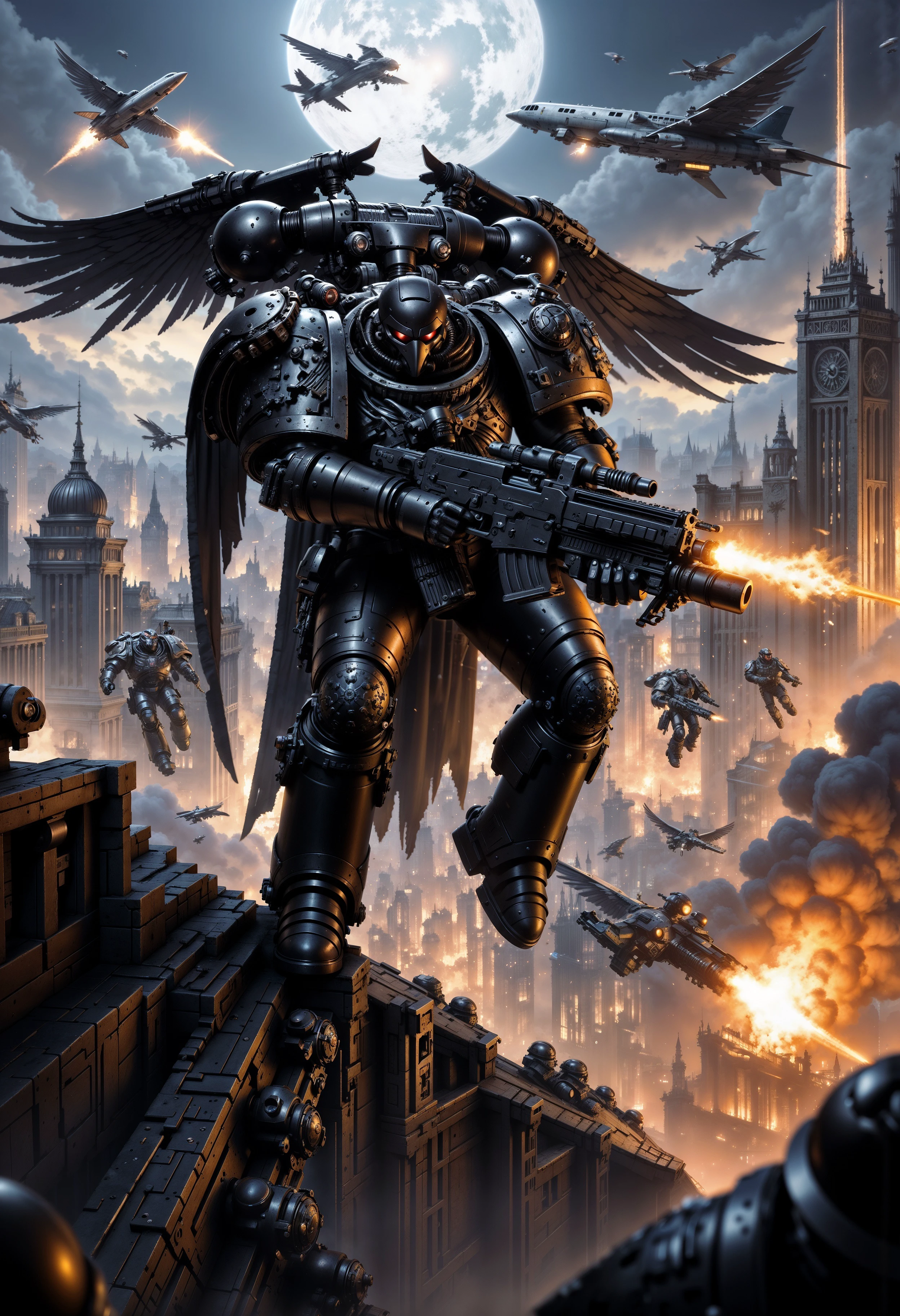 RavenG40k, large space marine jumping from a plane while holding a machine gun, explosions in the background, epic action scene, movie still,  <lora:FluxRavenG40k:1> <lora:FluxMythP0rtr4itStyle:0.7>