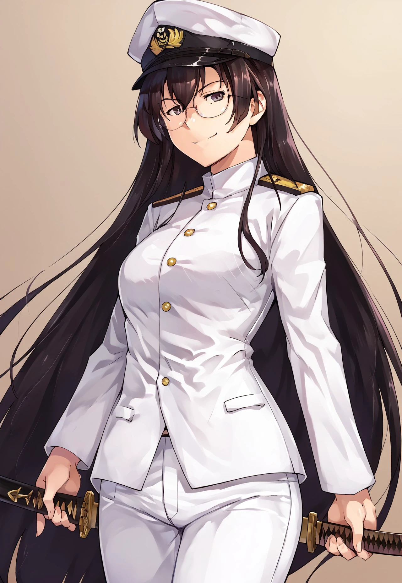 safe_pos, score_9, score_8, score_7, source_anime, female admiral (kancolle), military uniform, black pantyhose, katana, closed mouth, white headwear, groin, glasses, white pants, smile, smirk