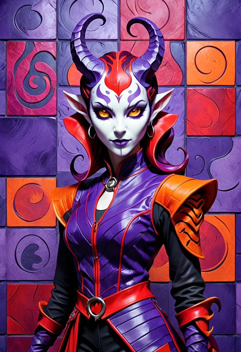 race character concept print, female, Tiefling, humanoid, horns, tail, red skin, charismatic, mysterious, dark magic, sculpture, felt, popart style, Tiled Arrangement, shades of purple, tiger stripe pattern, solarized effect, vibrant highlights accents, asymmetrical, brushed texture, patina finish <lora:artfully_QUILTEDFANTASY:1>,